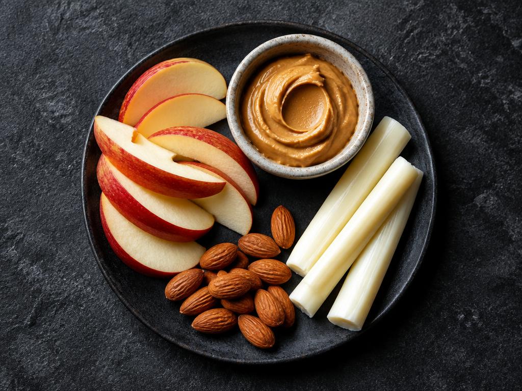 Apple, peanut butter and cheese plate plated and ready to eat