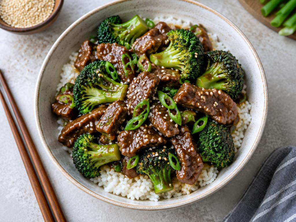 20-minute beef and broccoli bowl served