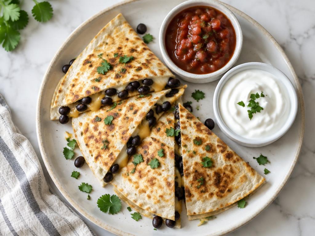 Microwave black bean and cheese quesadilla served