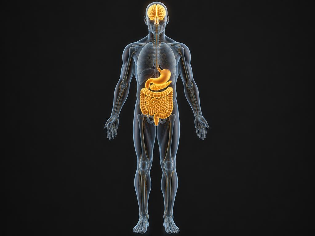 Translucent human body with the brain, stomach, pancreas and intestines highlighted