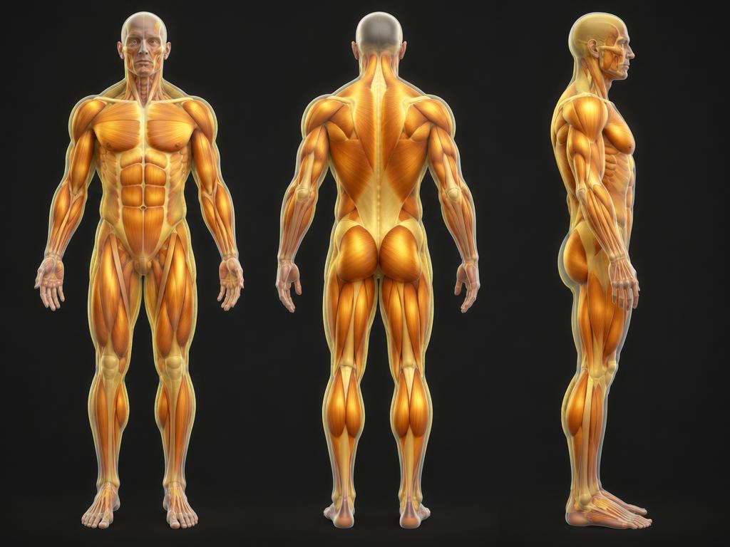 Anatomical render showing the major skeletal muscle groups of the body