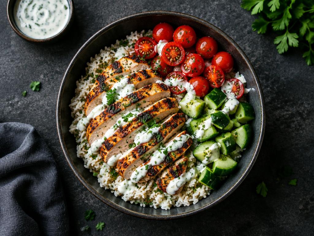 Chicken and rice protein bowl served