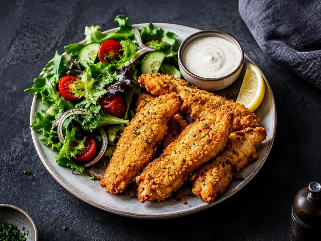 Air fryer chicken tenders and salad served