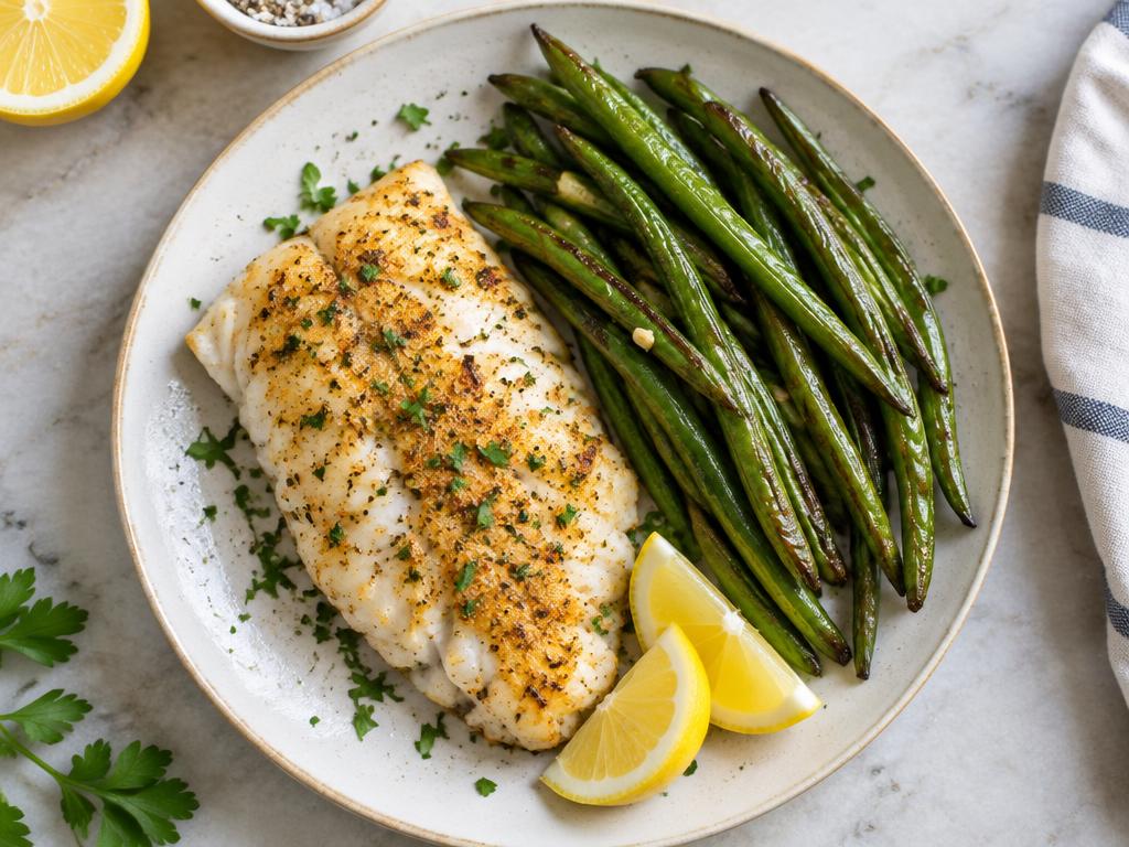 Air fryer cod with green beans and lemon served