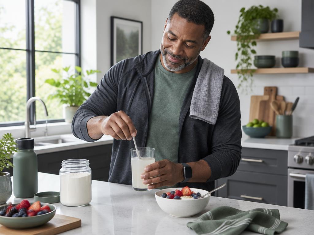 Middle-aged Black man stirring collagen peptide powder into a drink after a morning walk
