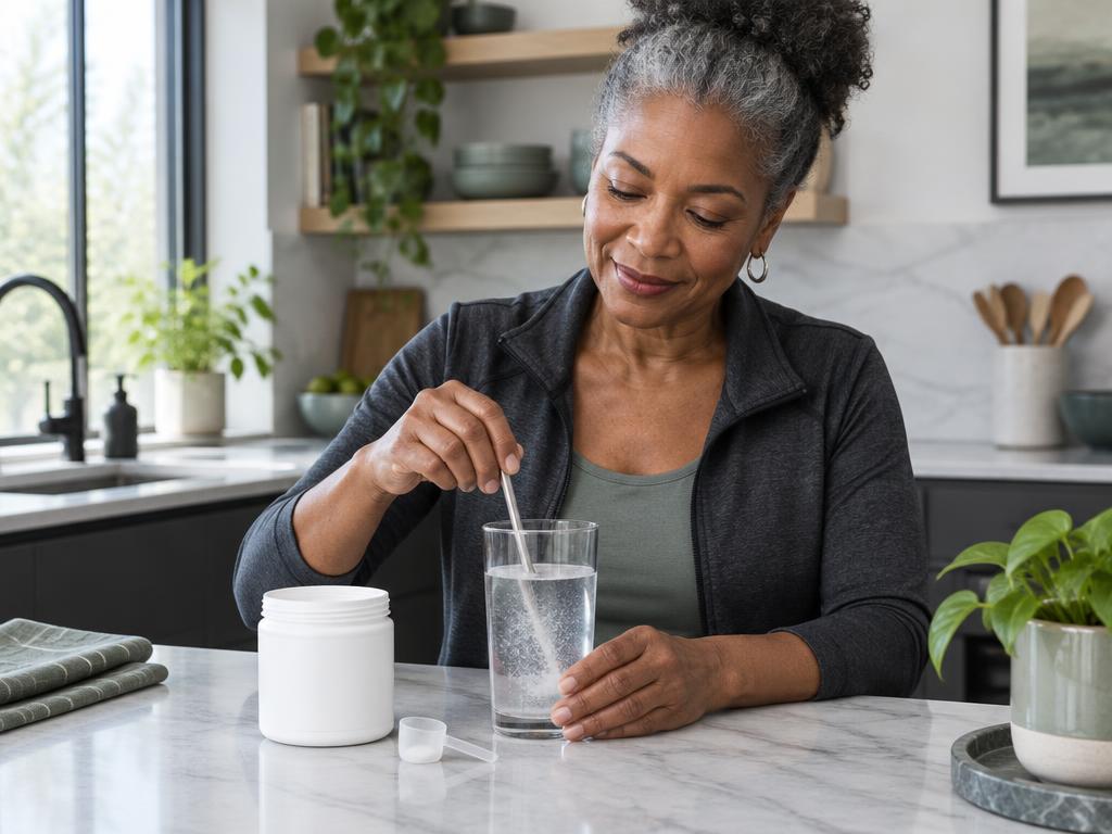 Older Black woman mixing creatine into a glass of water