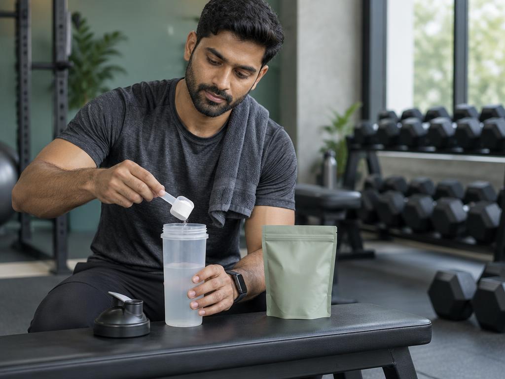 South Asian man preparing an essential amino acid drink after strength training