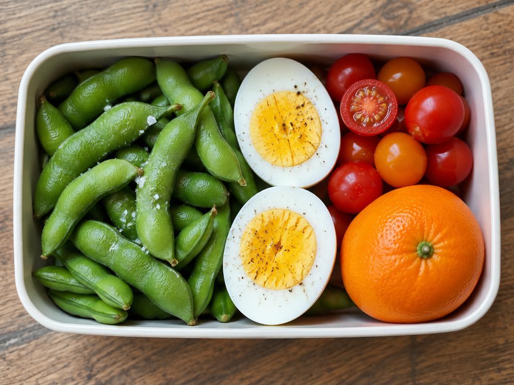 Edamame and egg snack box plated and ready to eat