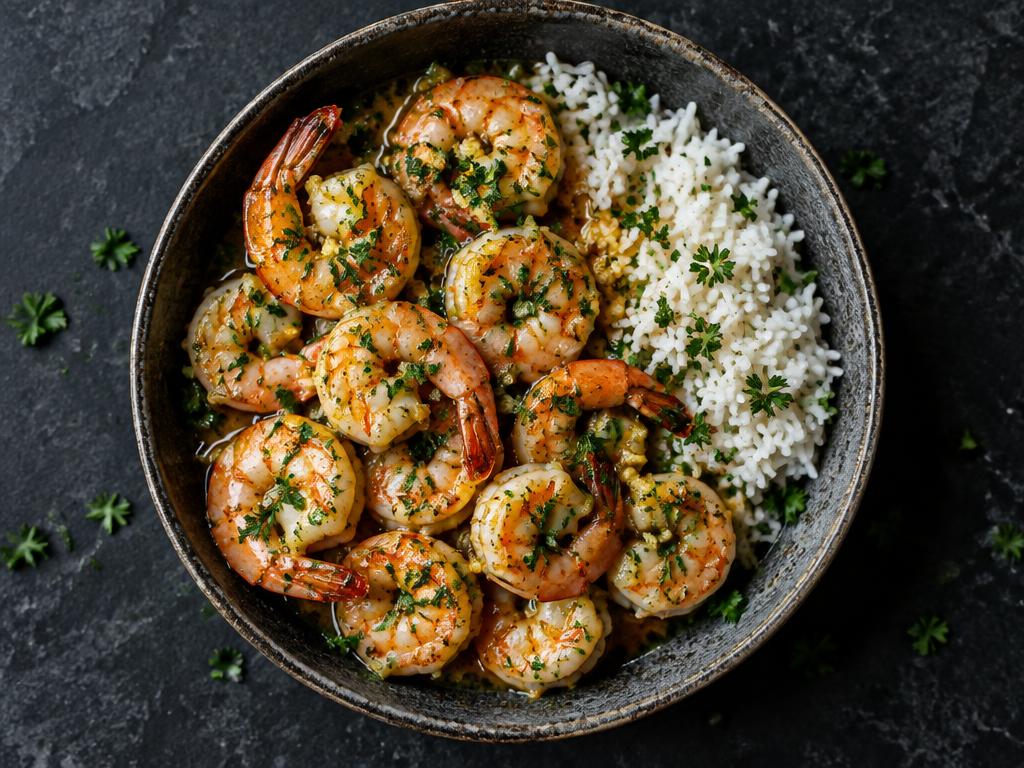 Garlic butter shrimp and rice plated and ready to eat