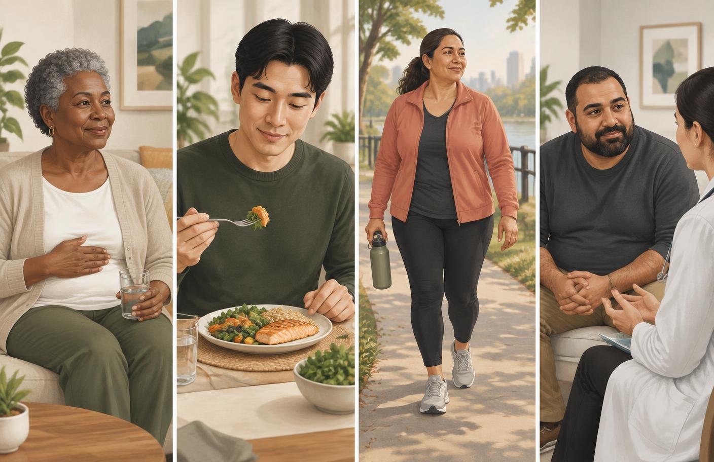 Adults using small meals, hydration, gentle walking and a conversation with a clinician to manage GLP-1 side effects