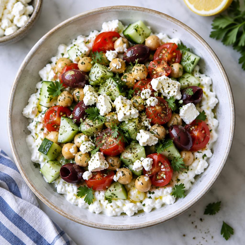 Greek cottage cheese protein salad served in a bowl