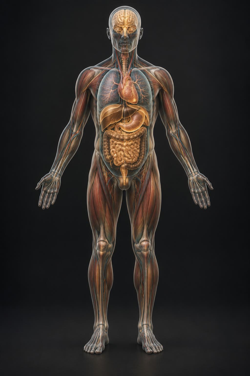 Modern three-dimensional anatomical body showing the brain, organs, muscles and connective tissues