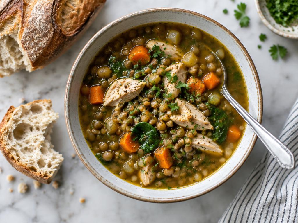 Microwave lentil and chicken soup served