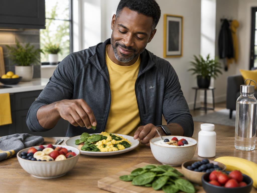 Man eating a nutrient-dense breakfast after a morning walk