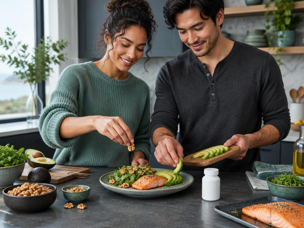 Two adults preparing salmon, avocado and walnuts as omega-3 food sources