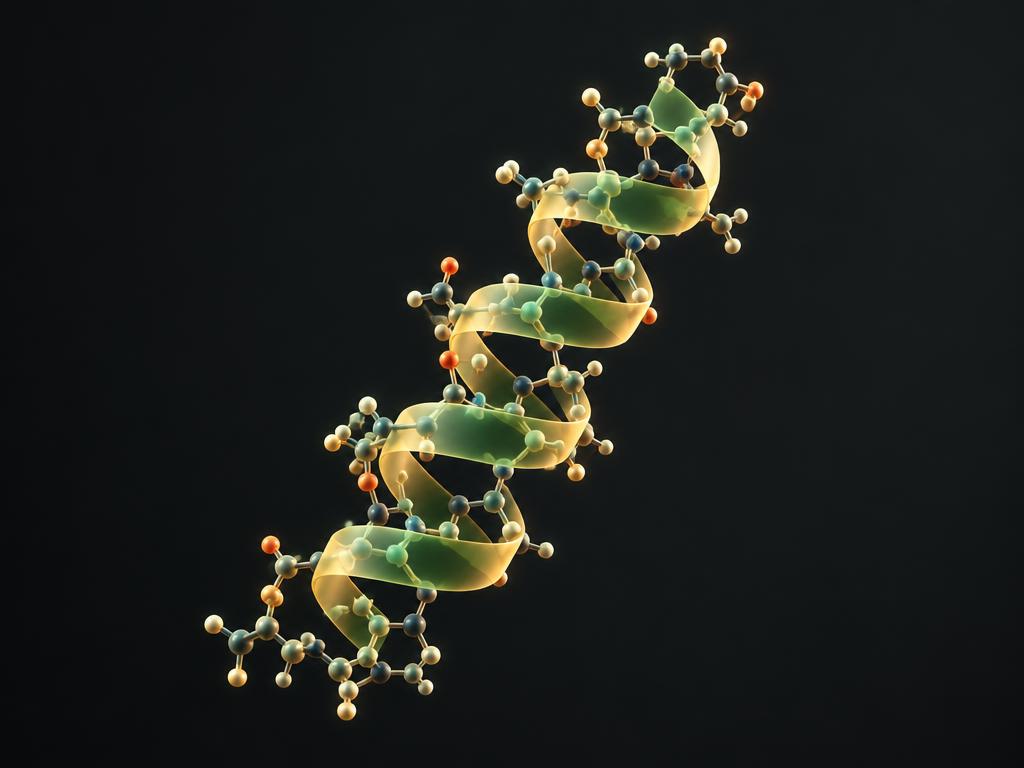Three-dimensional render of a peptide molecule shown as a helical amino acid chain
