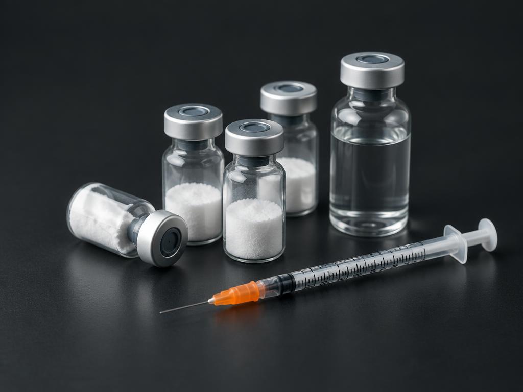 Glass vials of freeze-dried peptide powder beside bacteriostatic water and an insulin syringe