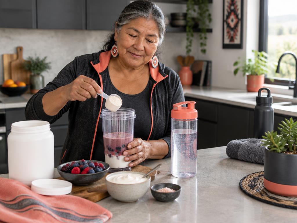 Older Indigenous woman preparing a protein smoothie and hydration drink