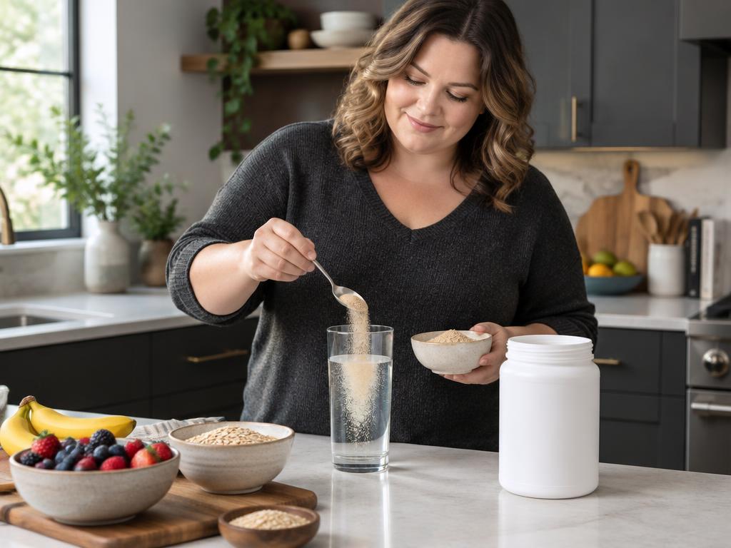Woman mixing psyllium husk into water beside fruit and oats