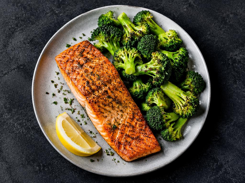 Air fryer salmon and broccoli served