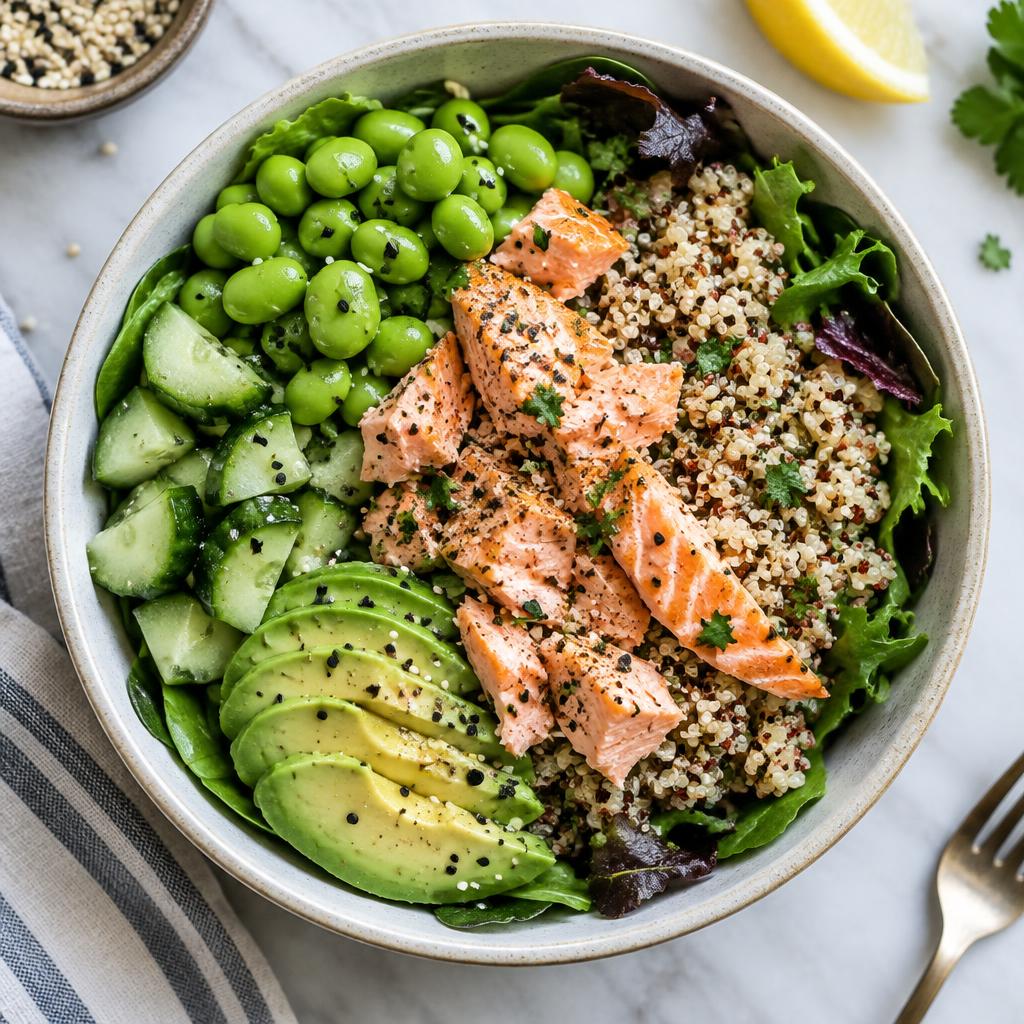 Salmon, quinoa and edamame salad served in a bowl