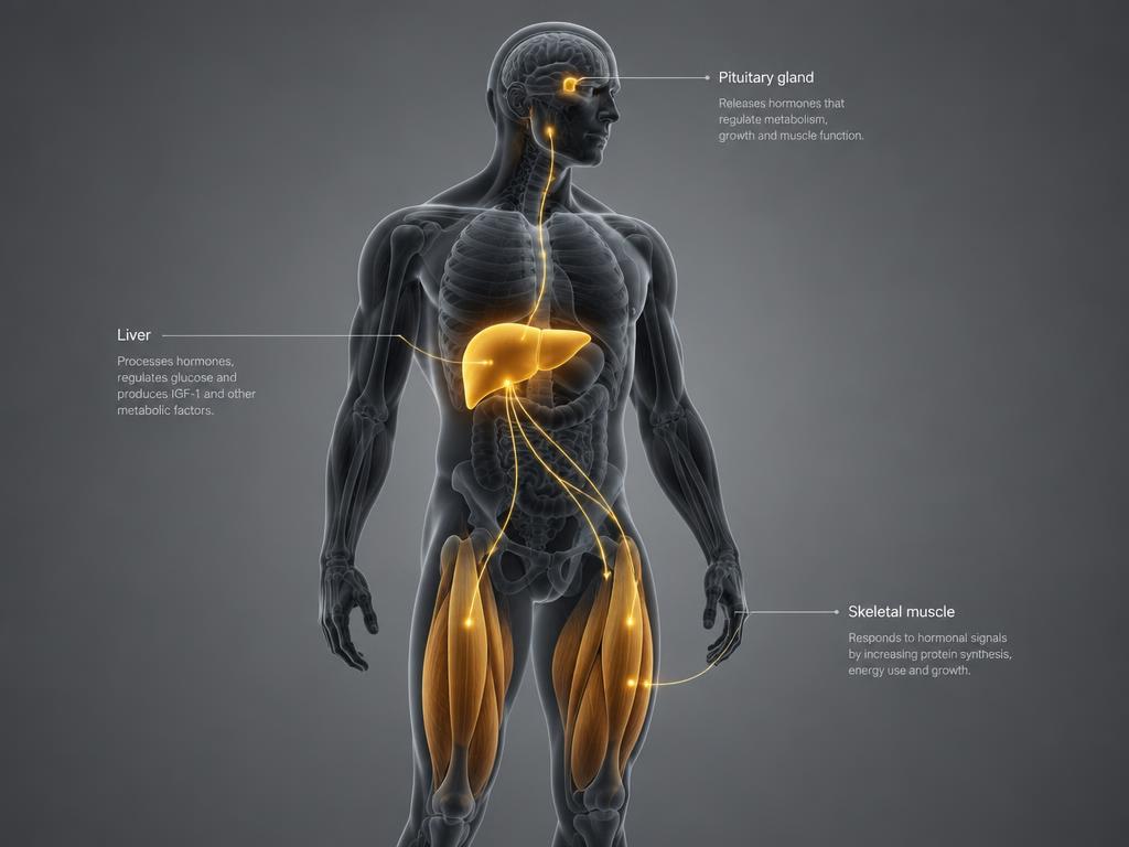 3D render showing the pituitary gland, liver and skeletal muscle connected by signalling lines
