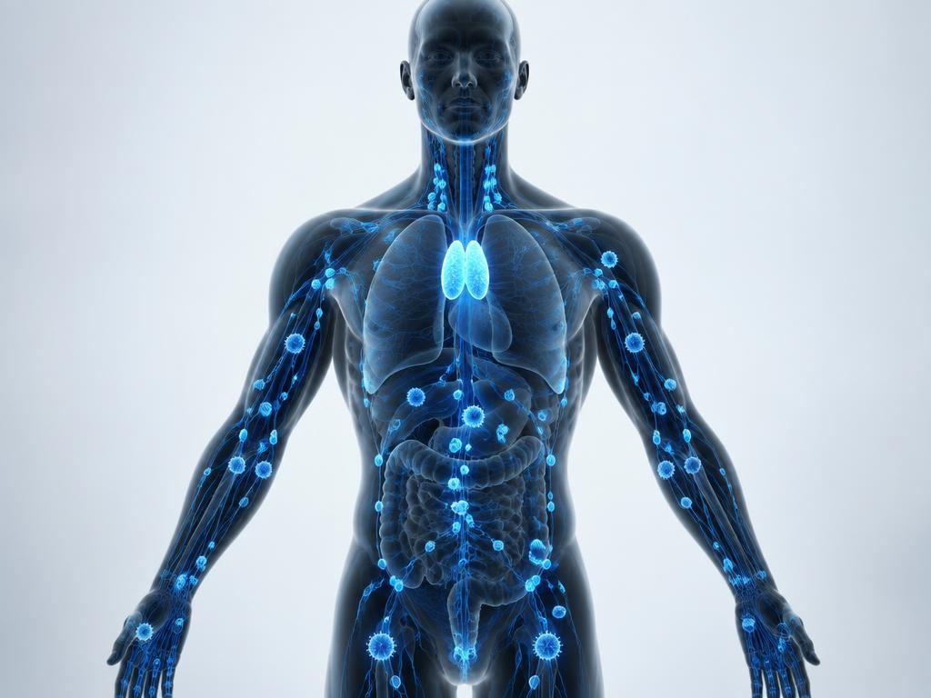3D render of a body with the thymus, lymph nodes and immune cells glowing