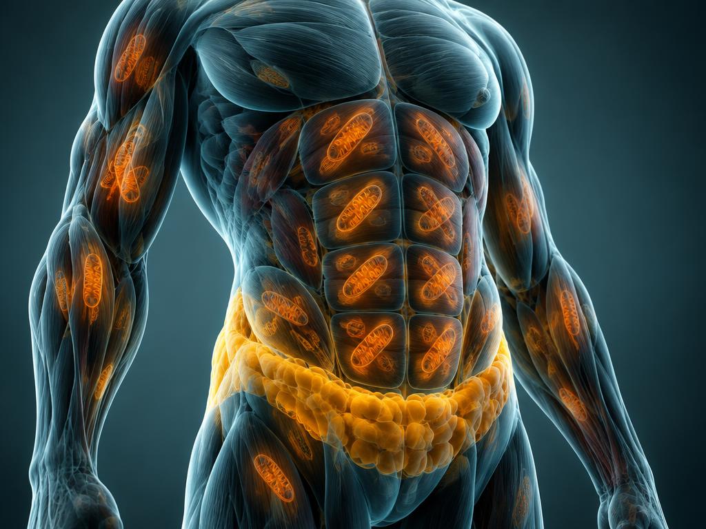 3D render of a torso with mitochondria in muscle and the abdominal fat layer highlighted