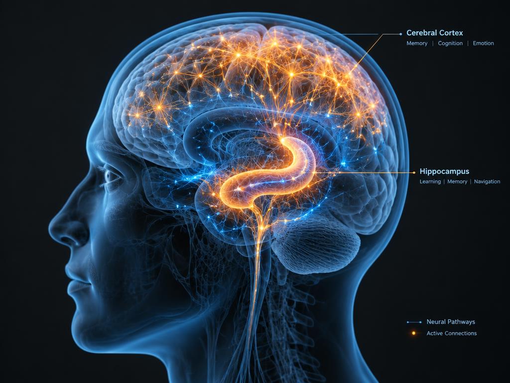 3D render of a brain with hippocampus and cortex pathways glowing