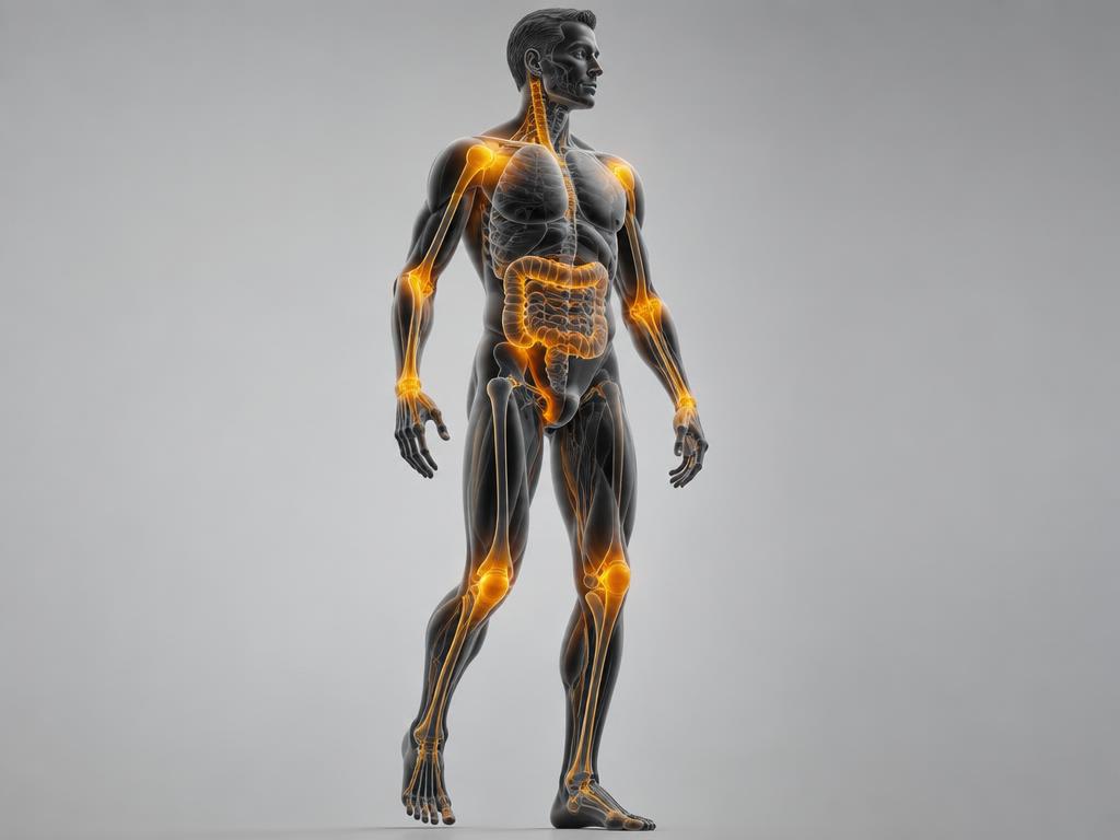 3D render of a translucent body with tendons, joints and the gut lining highlighted