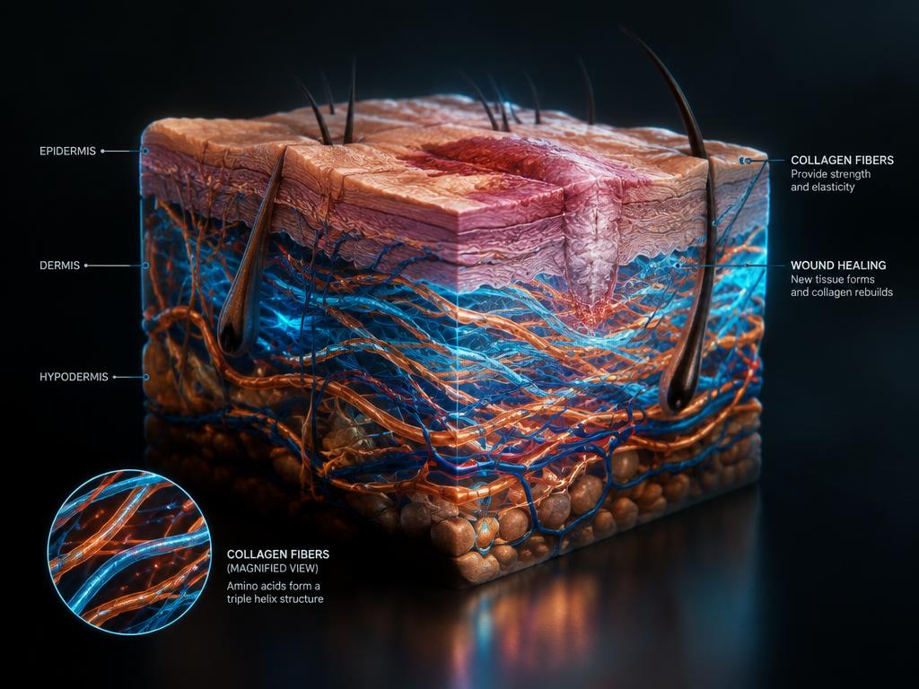 3D cross-section of skin layers showing collagen fibres and a healing wound