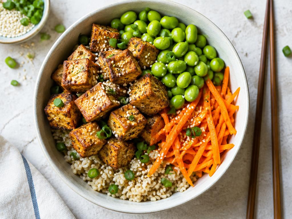 Air fryer tofu and edamame rice bowl served
