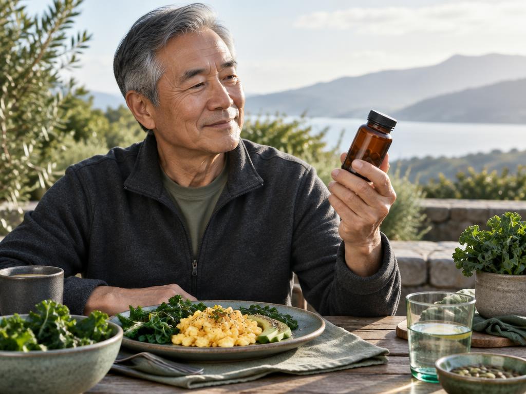 Older East Asian man holding a supplement bottle beside a balanced breakfast outdoors